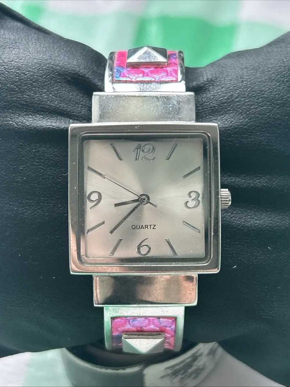 Silver Tone Pink And Multicolored Band Women’s Cuff Watch